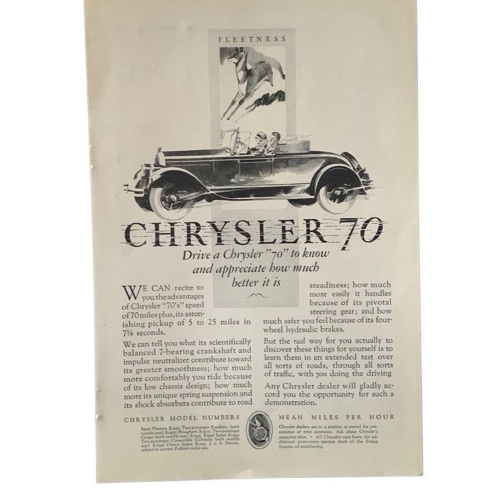Vintage 1927 Chrysler 70 Fleetness Ad Advertisement